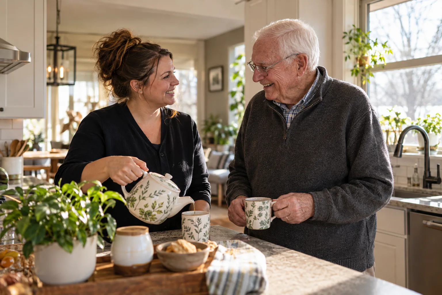 Caregiver spending time with an older adult at home