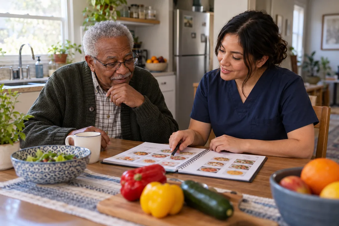 Caregiver planning meals with an older man at his kitchen table