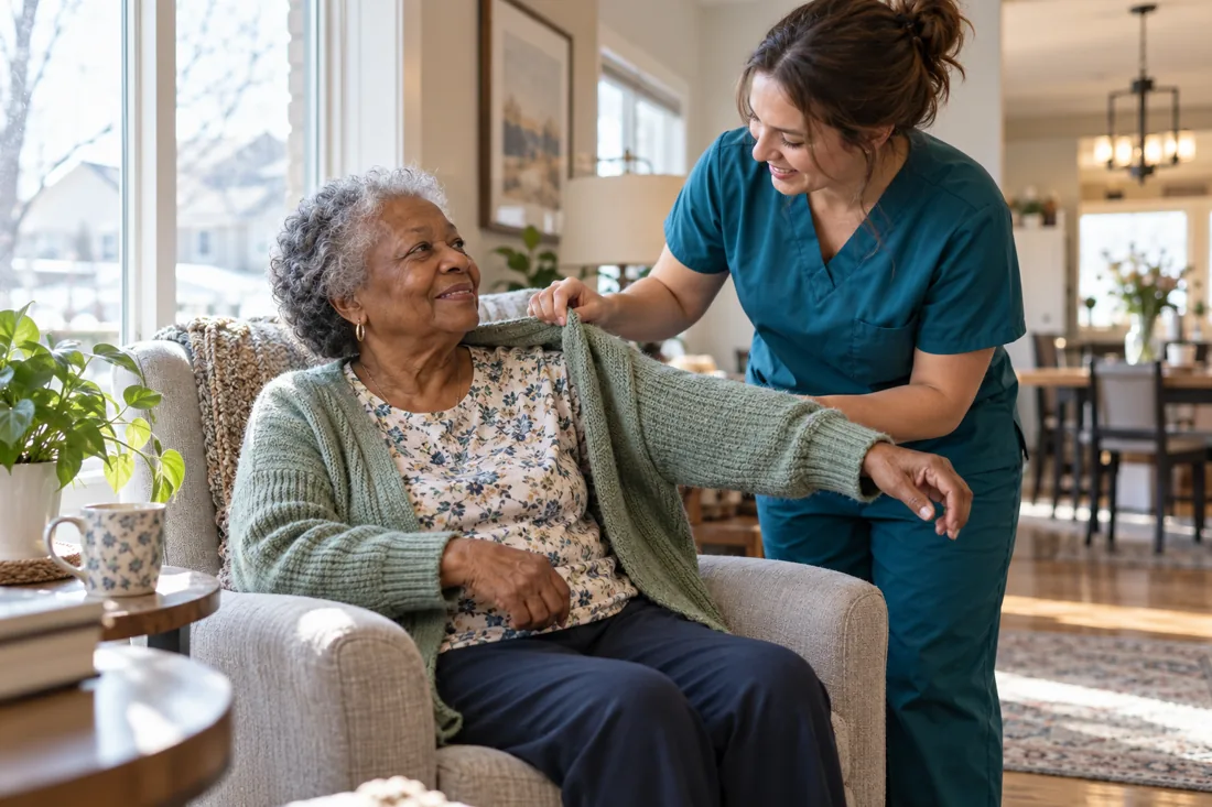 Caregiver helping an older woman with her cardigan at home