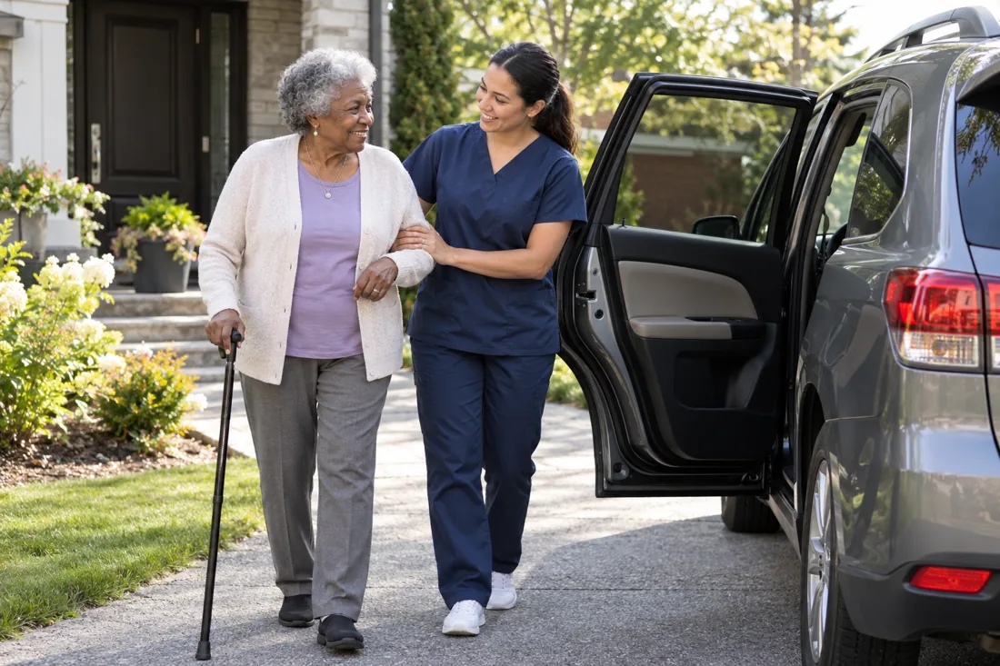 Caregiver assisting an older woman beside a car