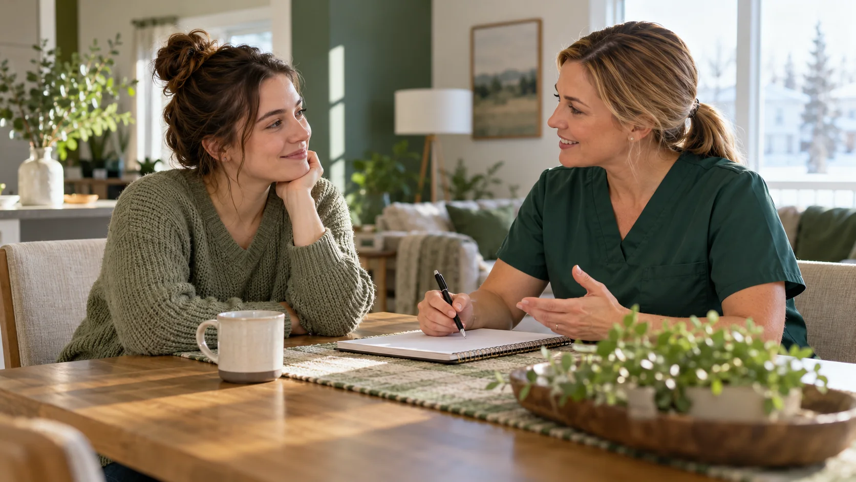 Nurse discussing care with a young adult woman at home
