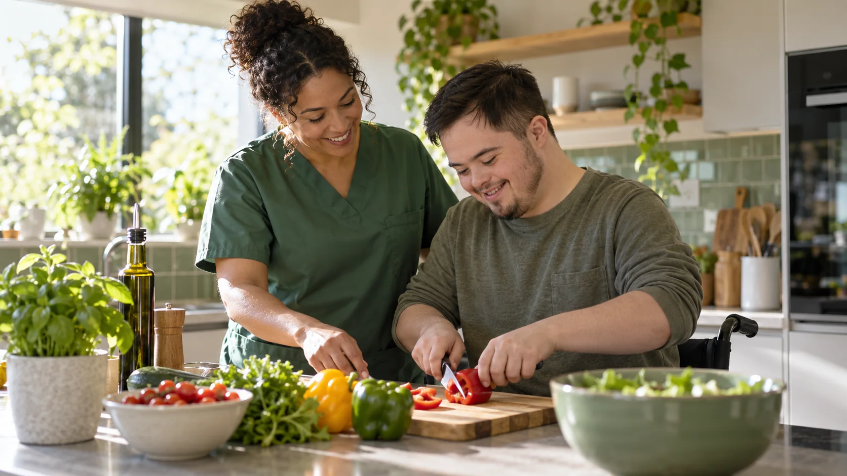 Caregiver supporting a young adult man with meal preparation at home